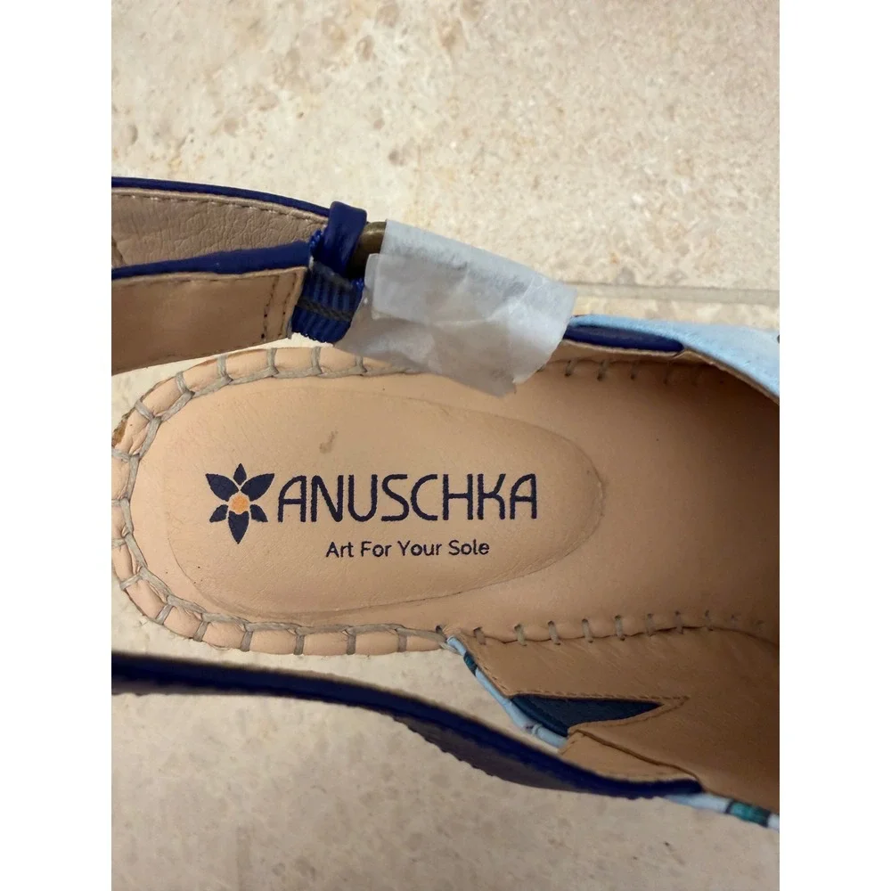 Anuschka Maya Printed Leather Espadrille Wedge Sandals Peacock Blue 9